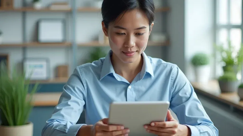 Person in a blue shirt using a tablet at a desk in a bright office