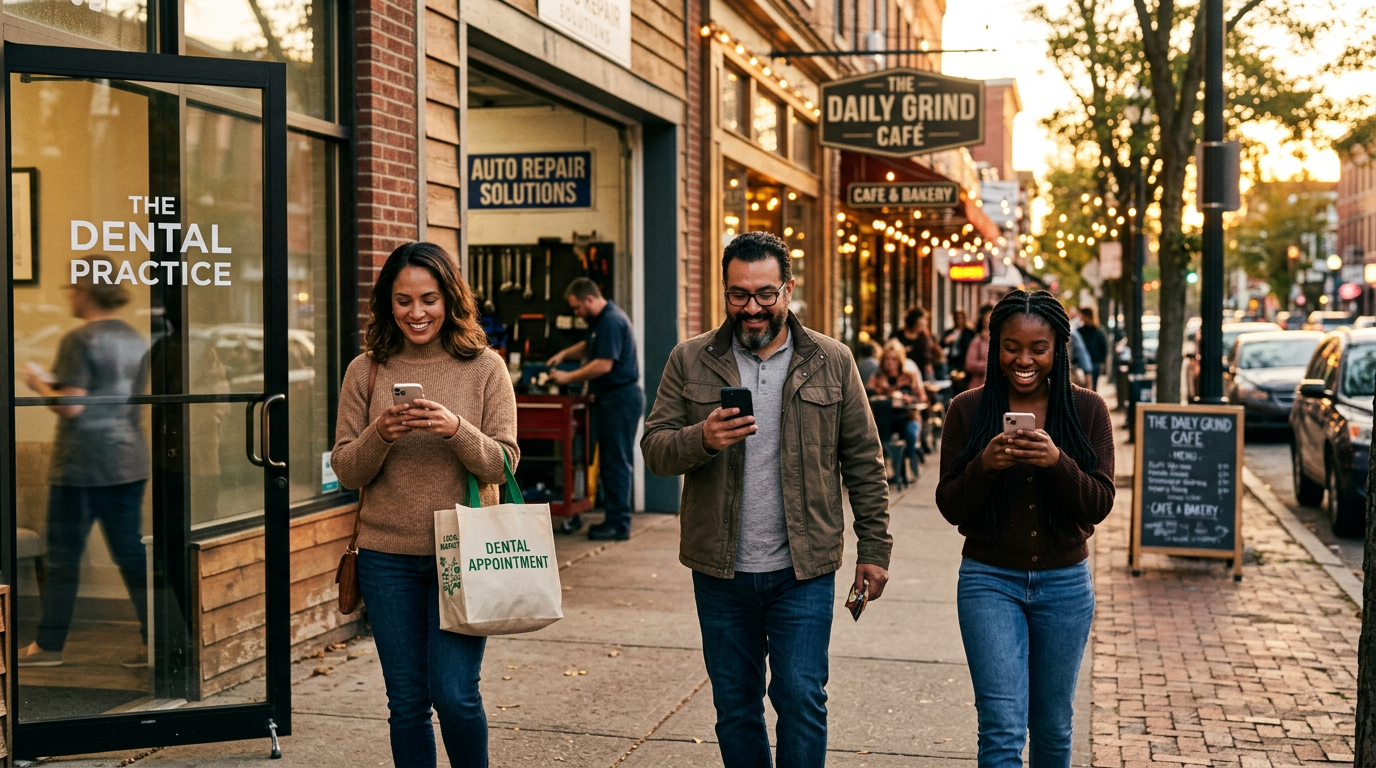 Three people walking on a cobblestone street past cafés and shop signs at dusk