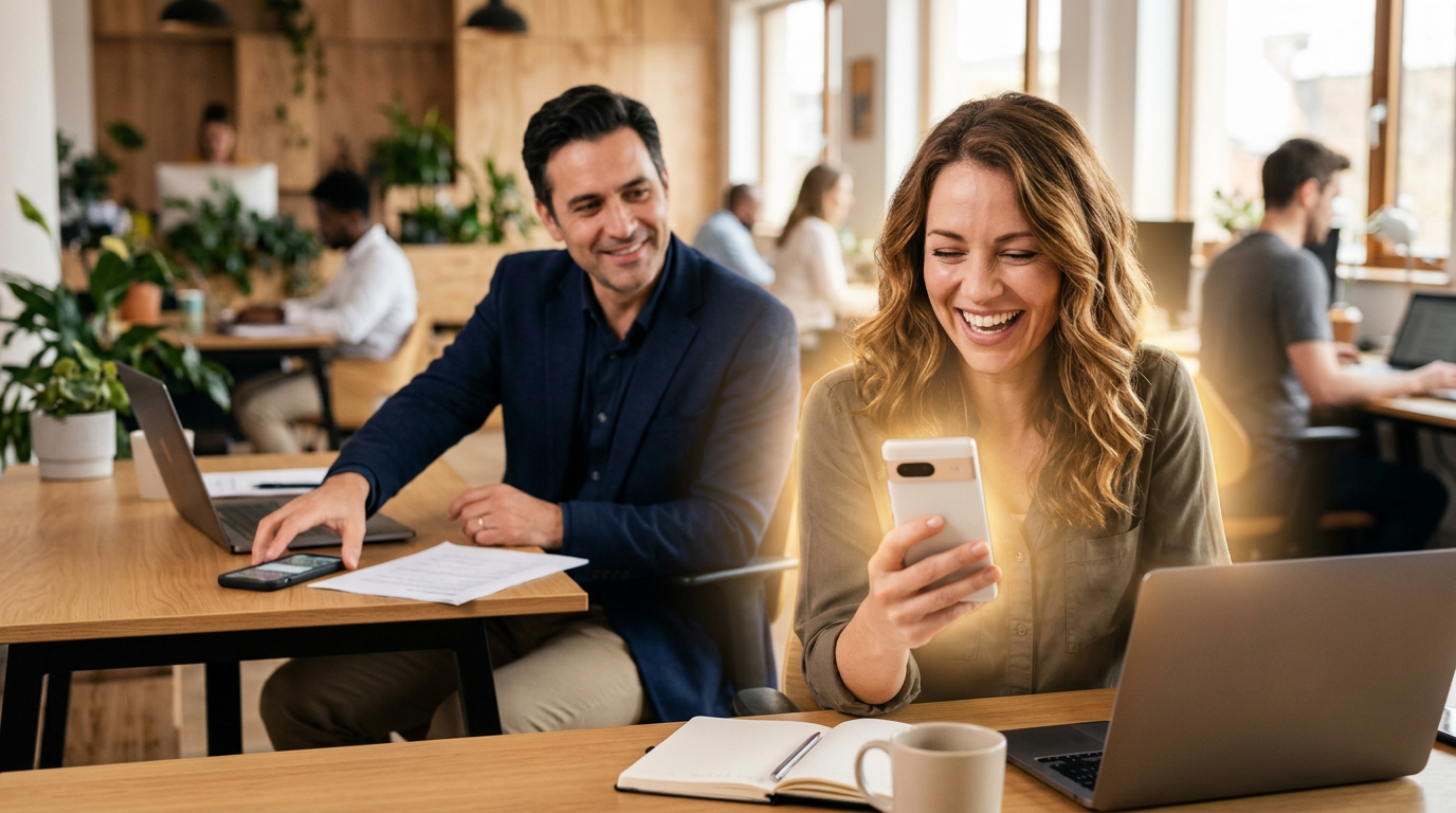 Two people in a bright office cafe, one smiling at a phone beside a laptop and coffee cup