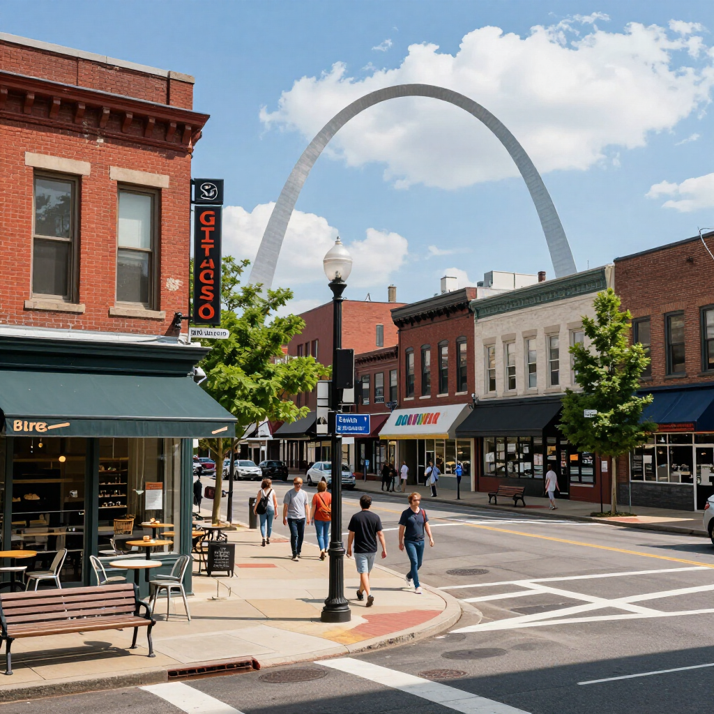 Downtown street with pedestrians, brick shops, and the Gateway Arch in the background.