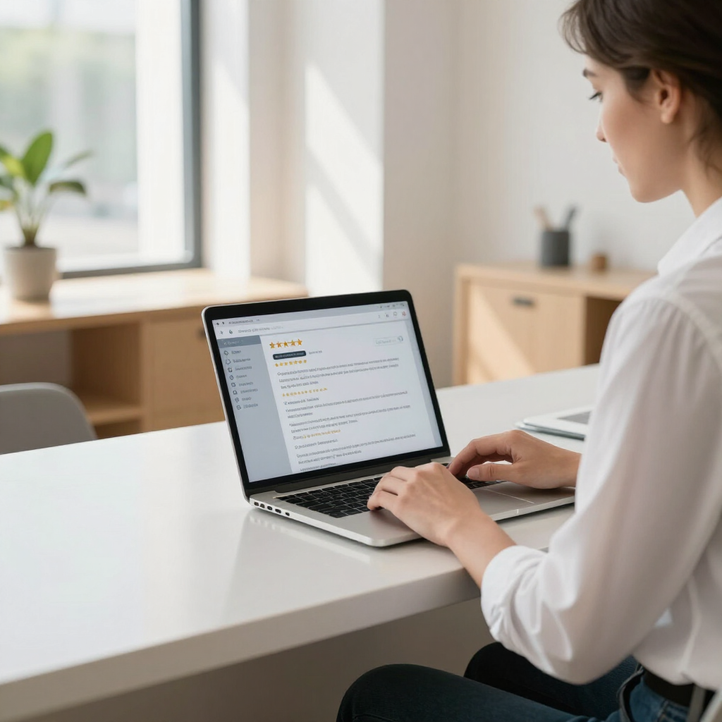 Person typing on a laptop at a bright white desk in a minimalist home office