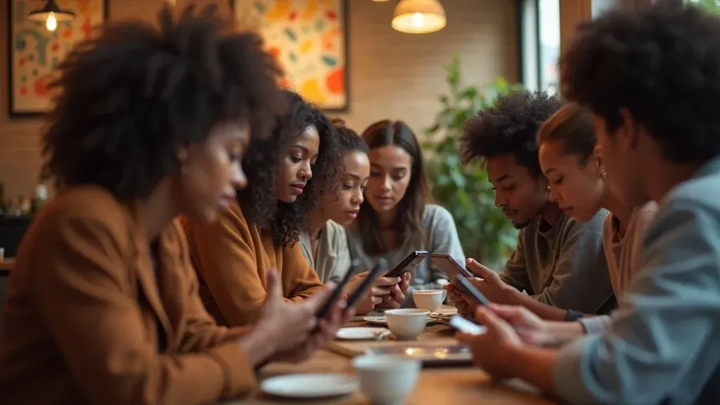 People seated at a long table in a cozy café, looking at phones and cups, with warm hanging lights overhead.