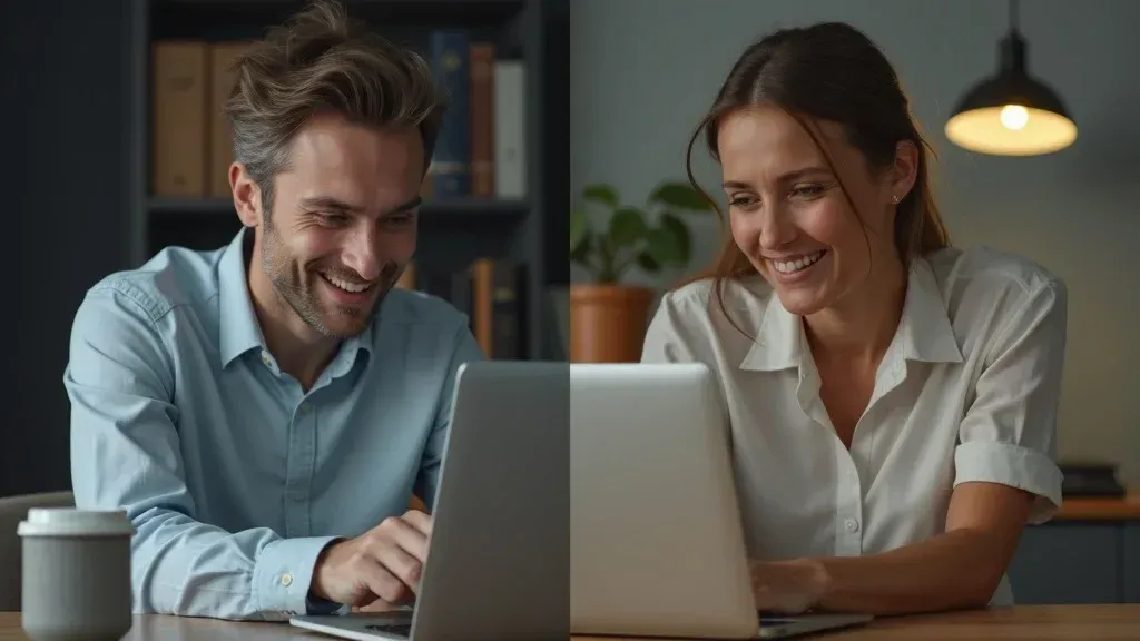 Two coworkers smiling at a laptop in a cozy office setting