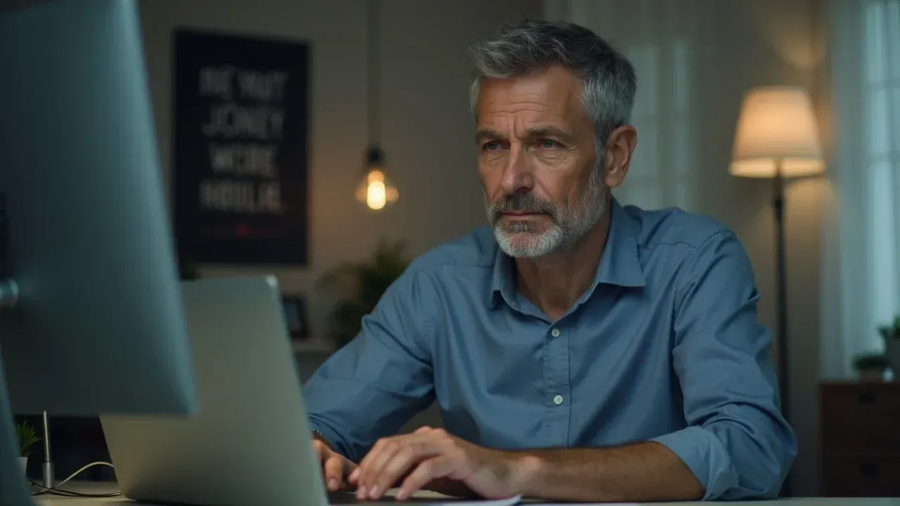 Man at desk typing on laptop in a dim home office, with a lamp and monitor nearby.