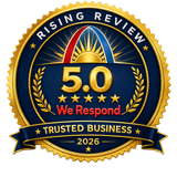 Gold and blue “Rising Review” badge showing 5.0 Google rating and “Trusted Business 2026”