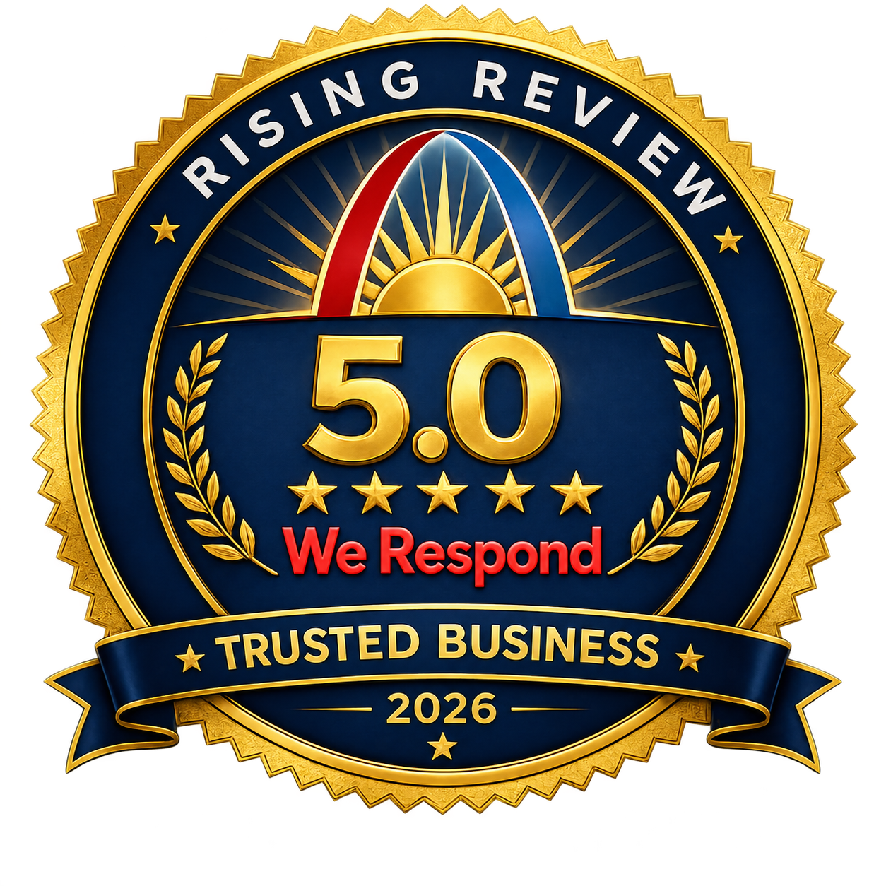 Gold and blue “Rising Review” badge showing 5.0 Google rating and “Trusted Business 2026”