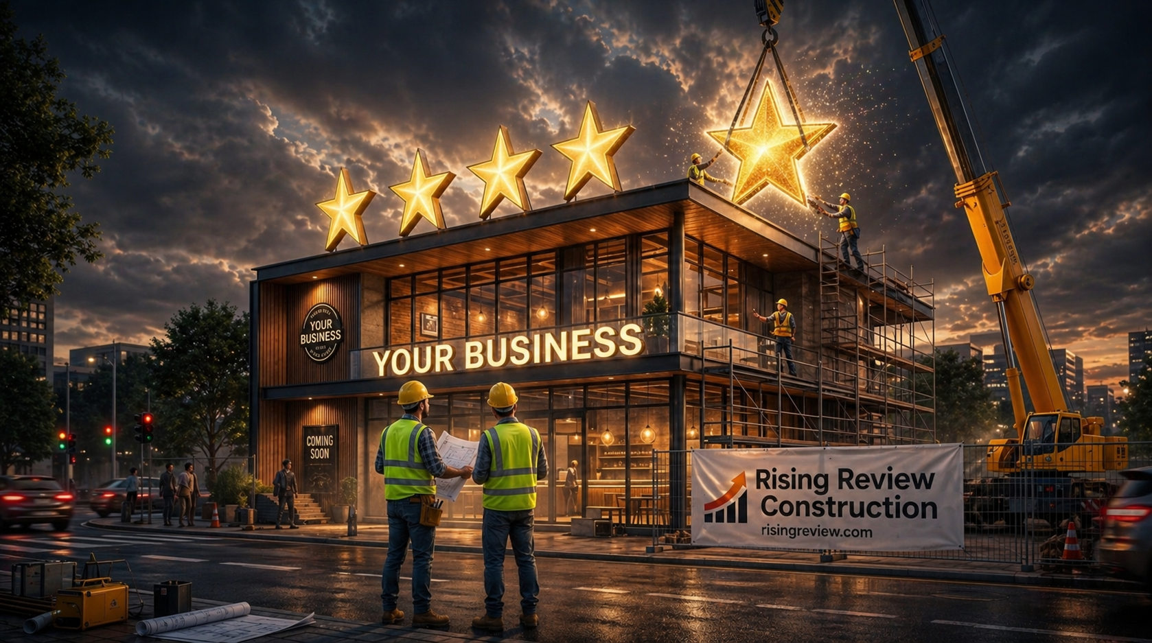 Construction site with workers, lit building frame, and sign reading “Your Business” at dusk