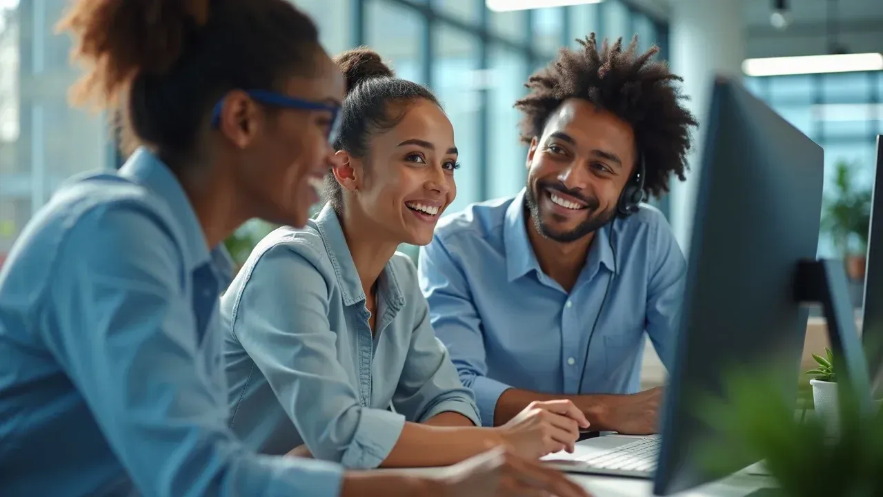 Three coworkers smiling in a bright office, gathered around a computer