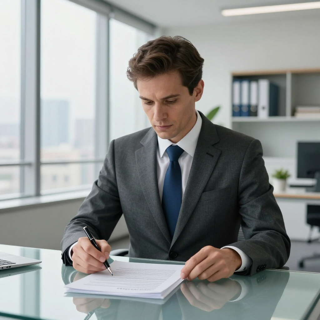 Business professional reviewing documents and writing at a desk in a bright office