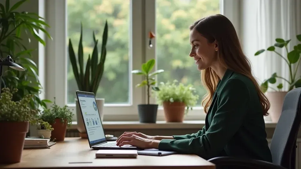 Woman typing on a laptop at a plant-filled desk by a bright window