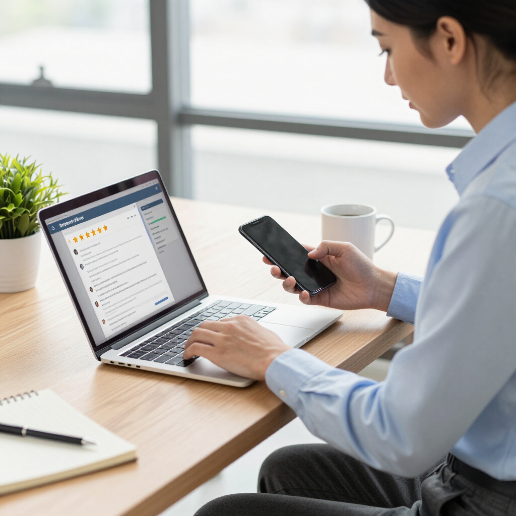 Person working on a laptop while holding a smartphone at a desk in a bright office