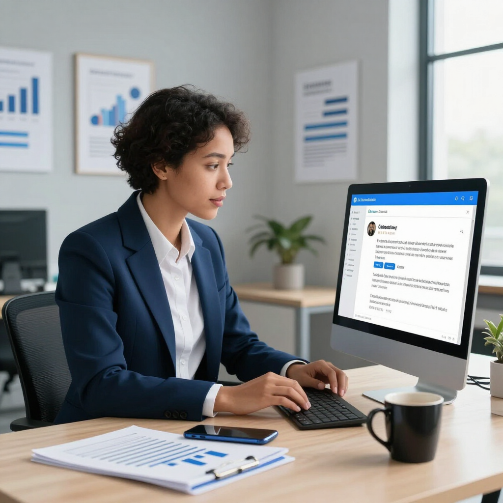 Professional working at a desk using a computer in a bright office, reviewing a document on screen.