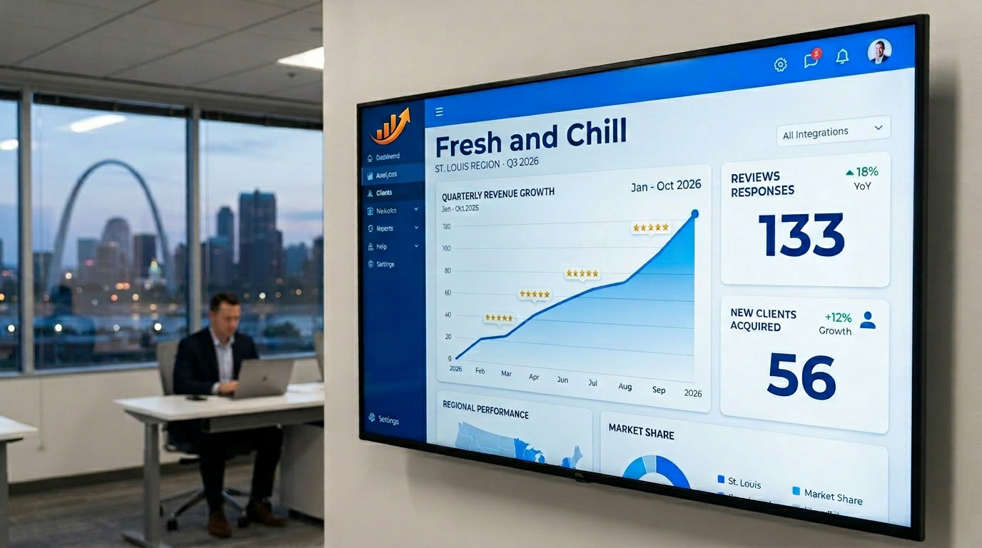 Office presentation with a large dashboard screen showing sales charts and metrics, city skyline visible outside.