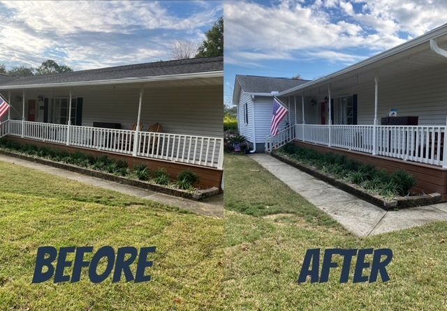 Comparison of a house's exterior: before and after cleaning. White house, porch, green yard, blue sky.