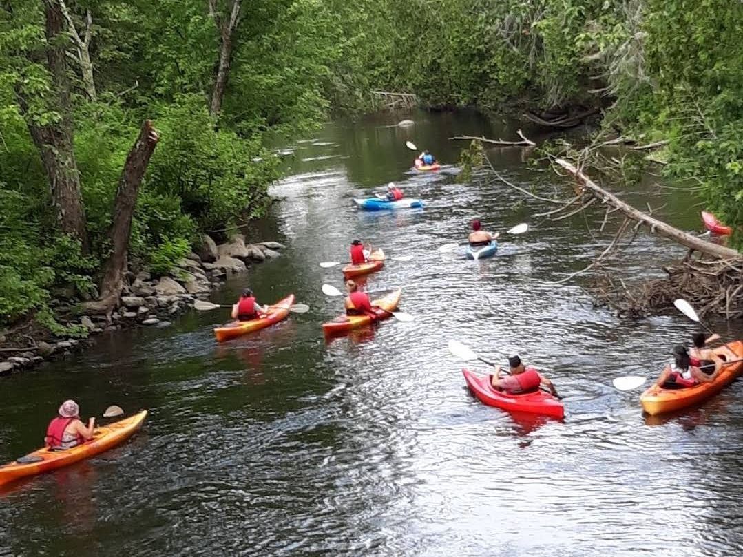 A group of people are kayaking down a river.