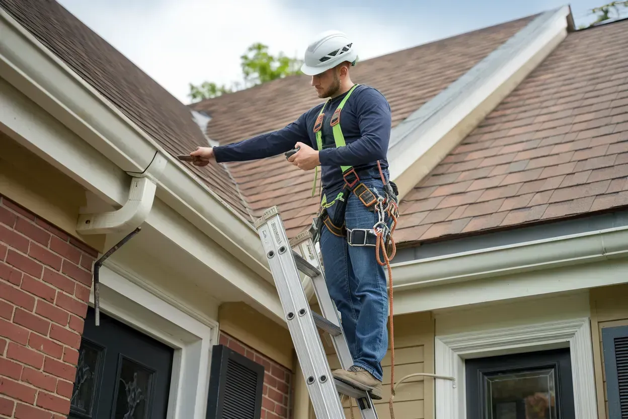 Worker on a ladder inspecting a house roof and gutters with safety harness and helmet