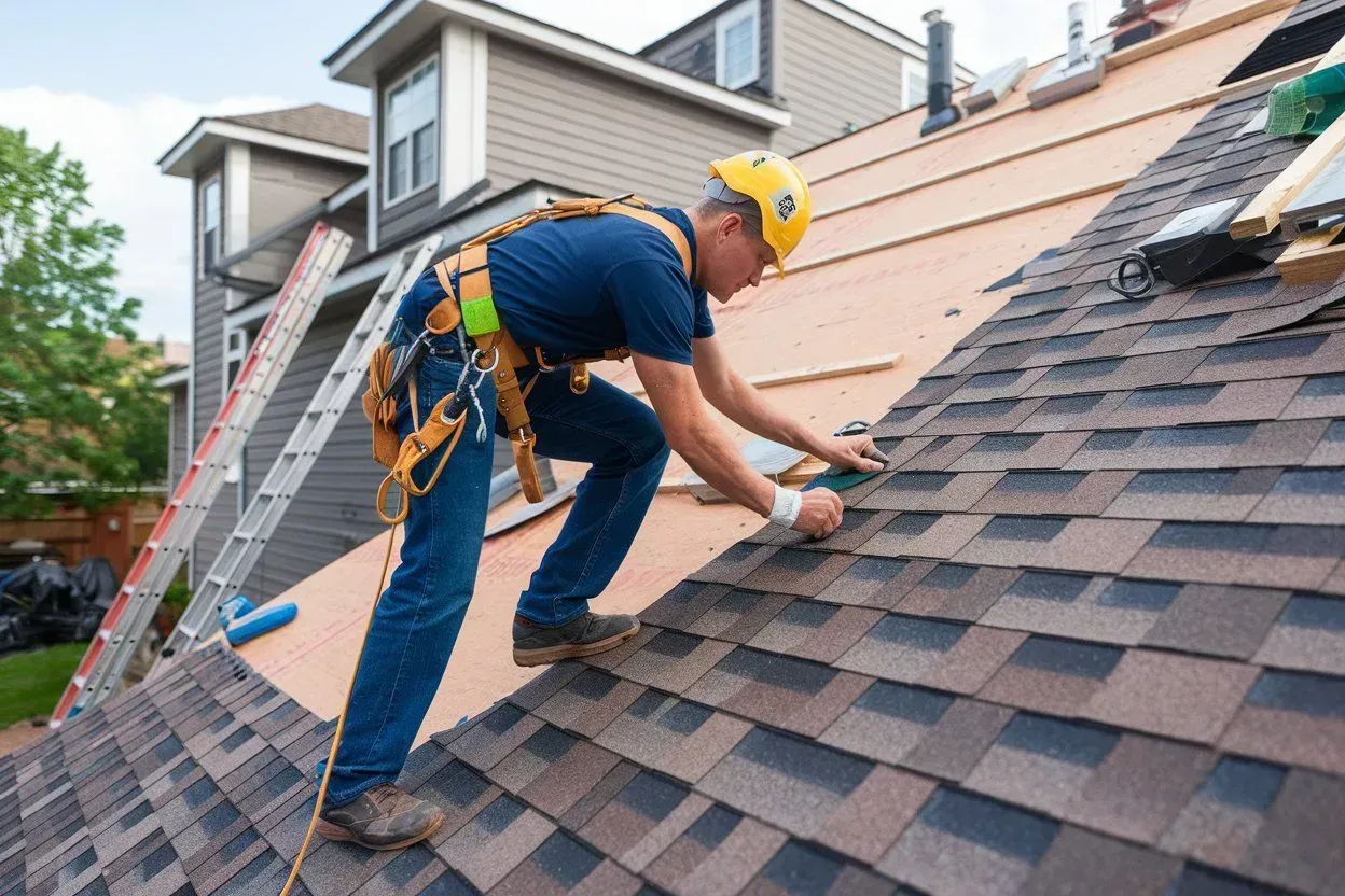 Worker repairing shingles on a house roof with a ladder and safety harness