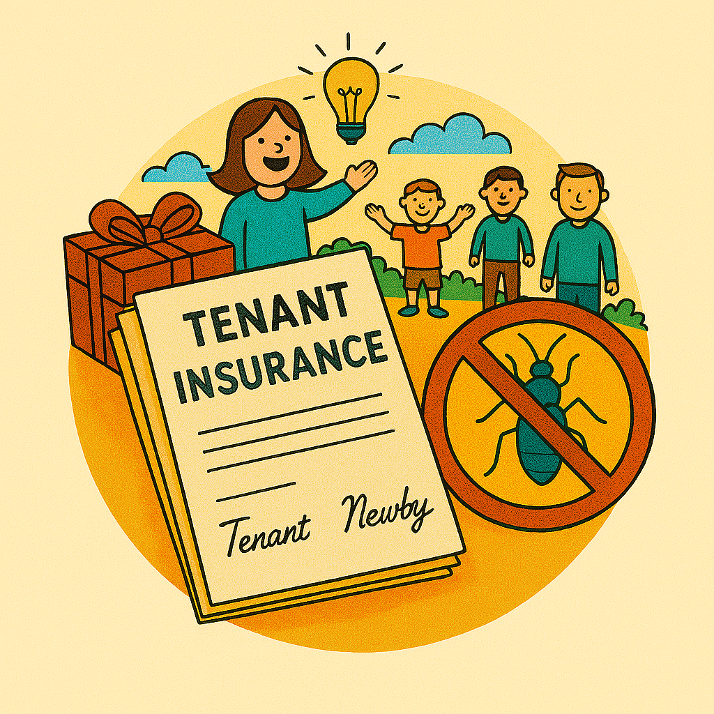 Illustration with a home that includes the standard rbp rewards, along with tenant insurance, and on-demand pest control