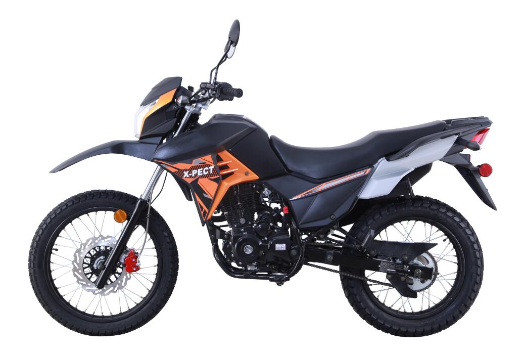 A black and orange motorcycle on a white background