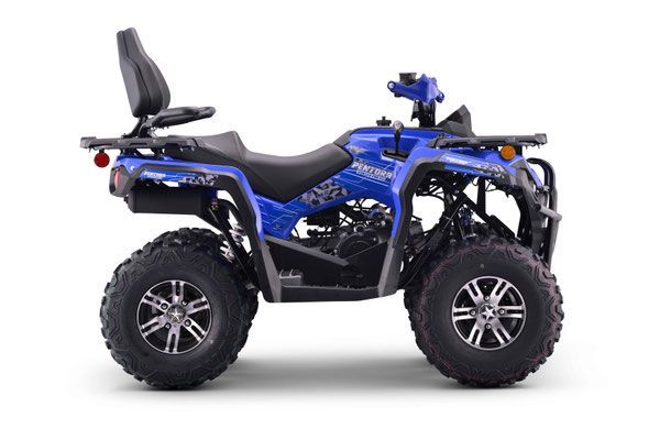 Blue all-terrain vehicle side view on white background