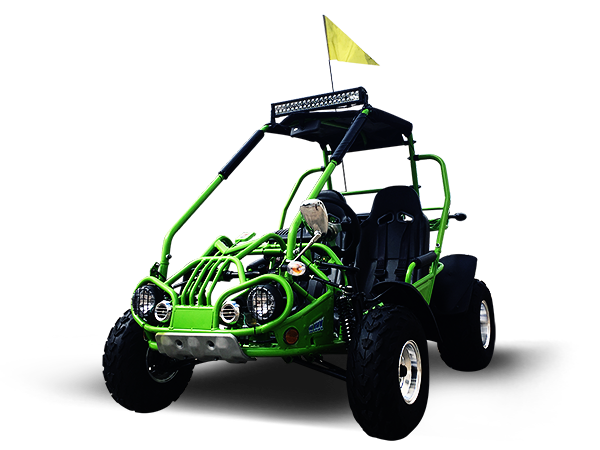A green dune buggy with a yellow flag on top