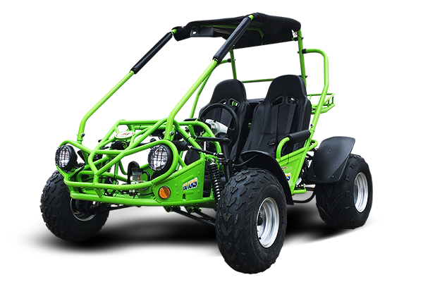 Green off-road dune buggy with roll cage and two seats on a white background