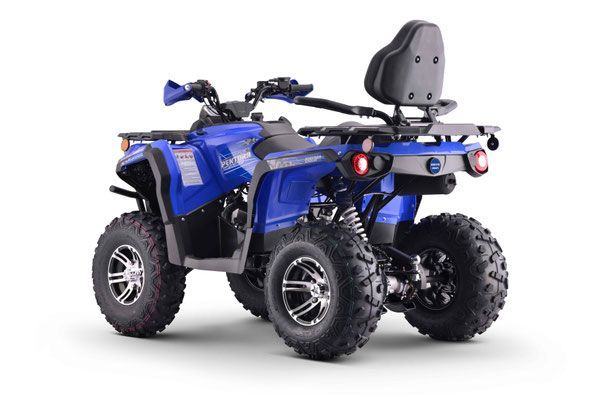 Blue four-wheeled ATV with large off-road tires and a backrest seat on a white background