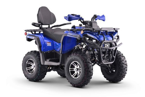 Blue and black ATV with a backrest seat and front cargo rack on a white background