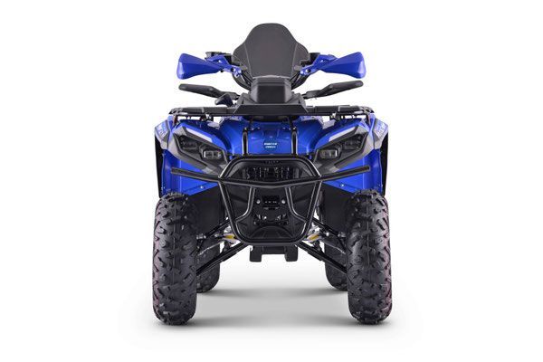 Front view of a blue all-terrain vehicle with large knobby tires on a white background
