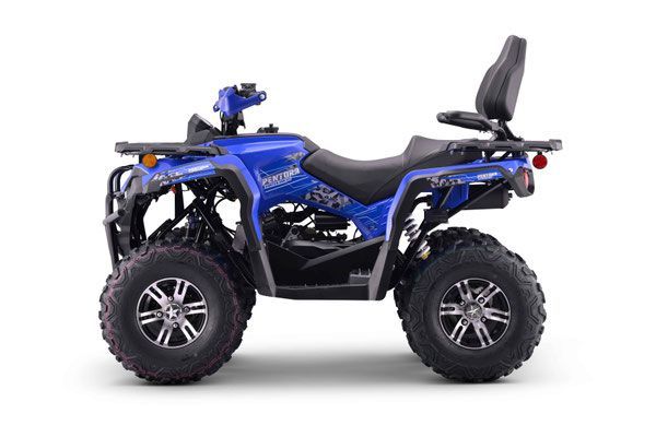 Blue ATV with large tires and a black seat, shown in side view on a white background