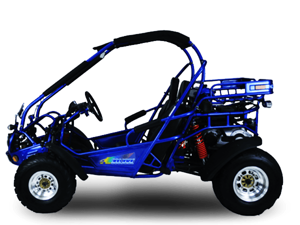 Blue off-road dune buggy with roll cage and large tires, side view