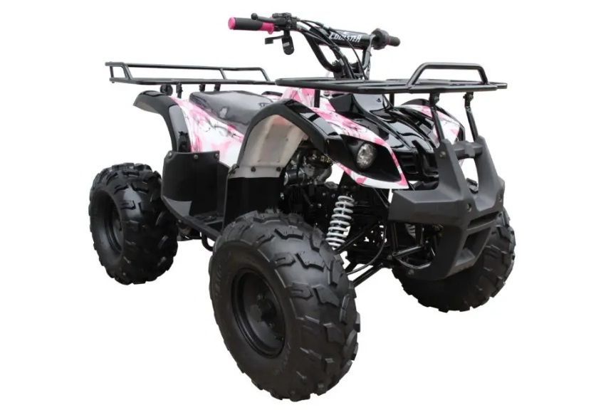 Black and pink all-terrain quad bike with rack and oversized tires on a white background