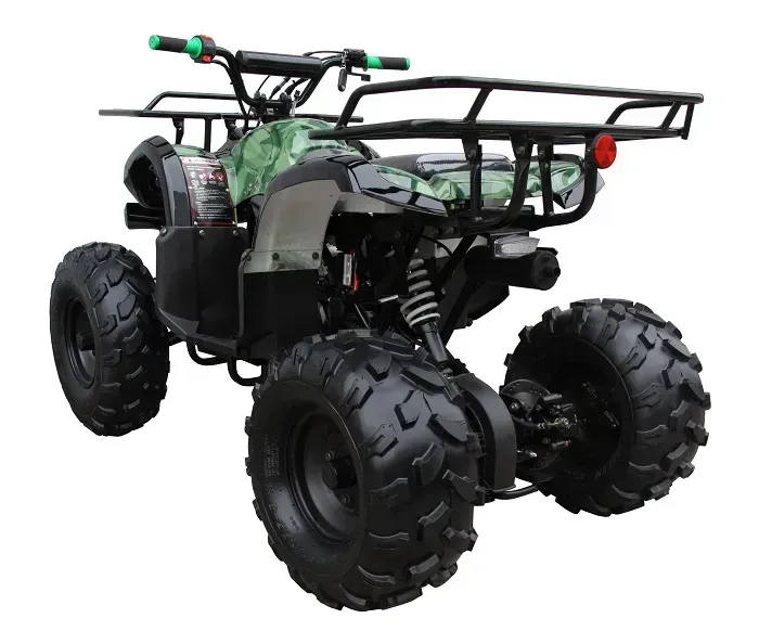 Green and black all-terrain quad bike with oversized tires on a white background