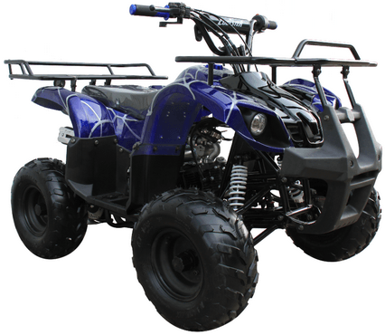 Blue and black all-terrain quad bike with knobby tires on a white background