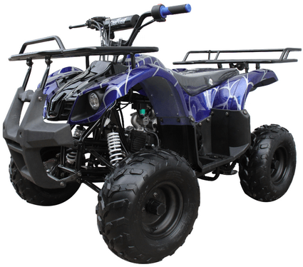 Blue and black all-terrain quad bike with large knobby tires on a white background