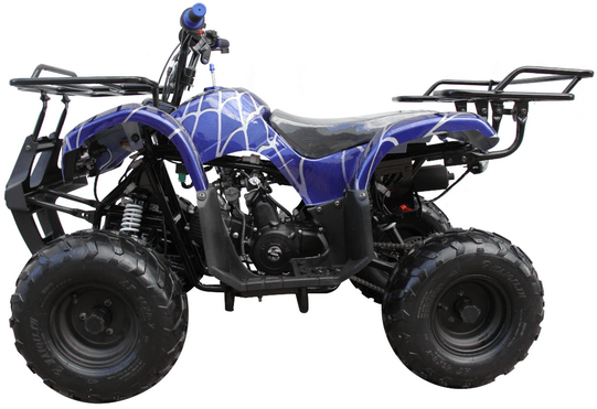 Blue and black all-terrain quad bike with large tires on a white background