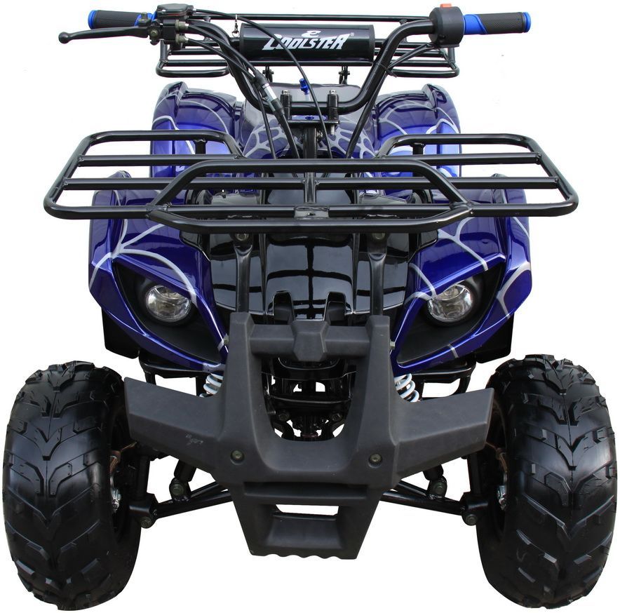 Front view of a blue and black all-terrain quad bike with large tires and front cargo rack
