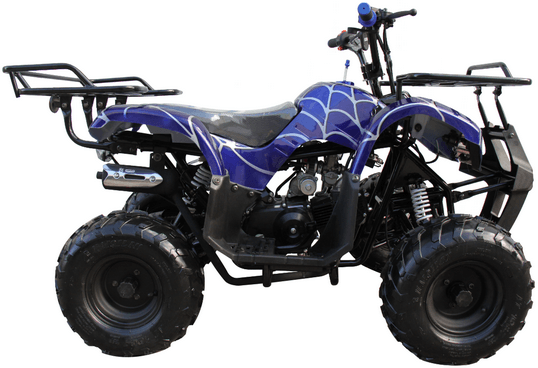 Blue and black all-terrain quad bike on a white background