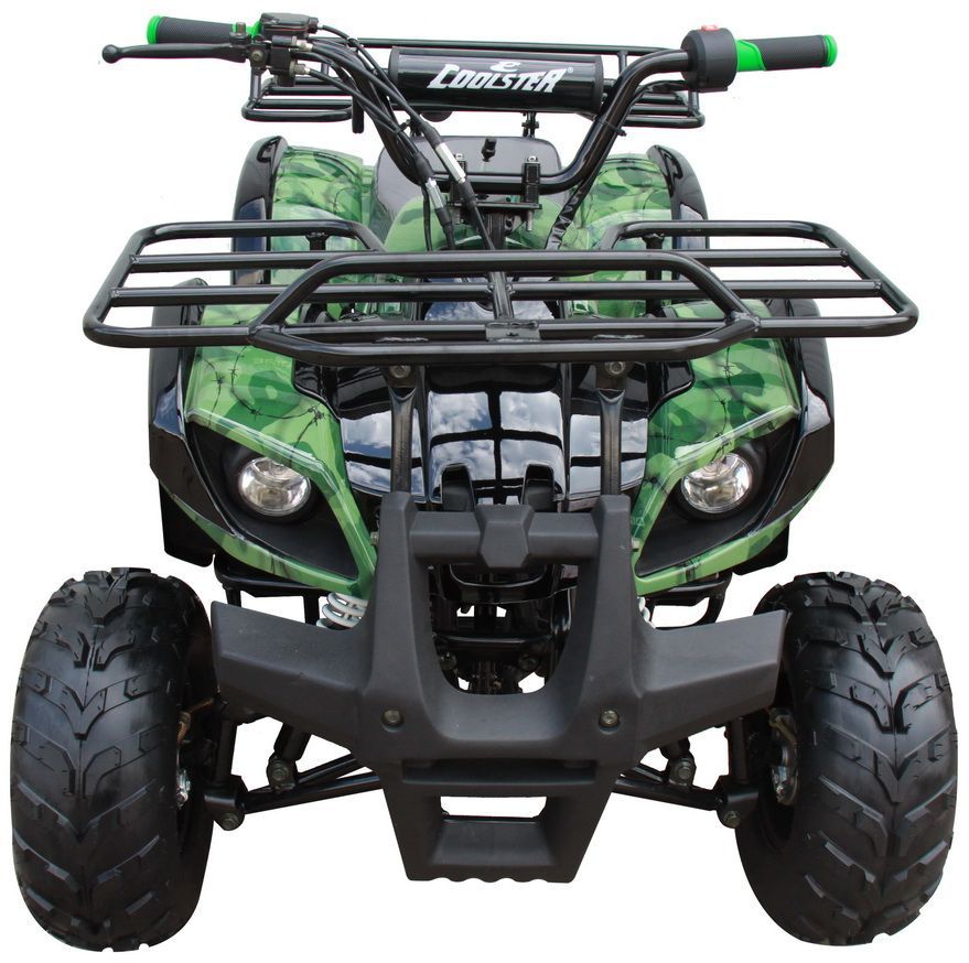 Green and black ATV with front cargo rack, viewed from the front.