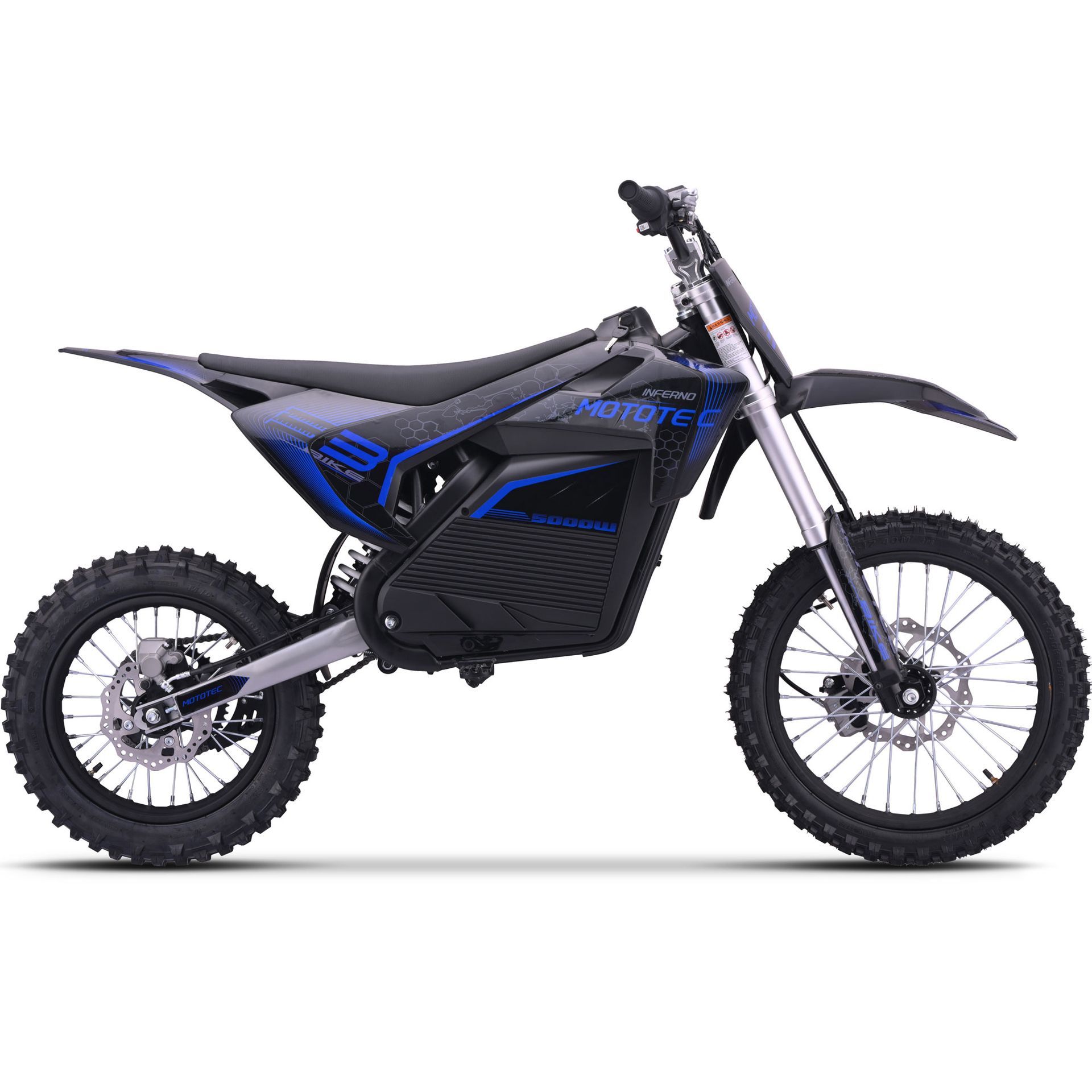 Blue and black electric dirt bike in side view on a white background