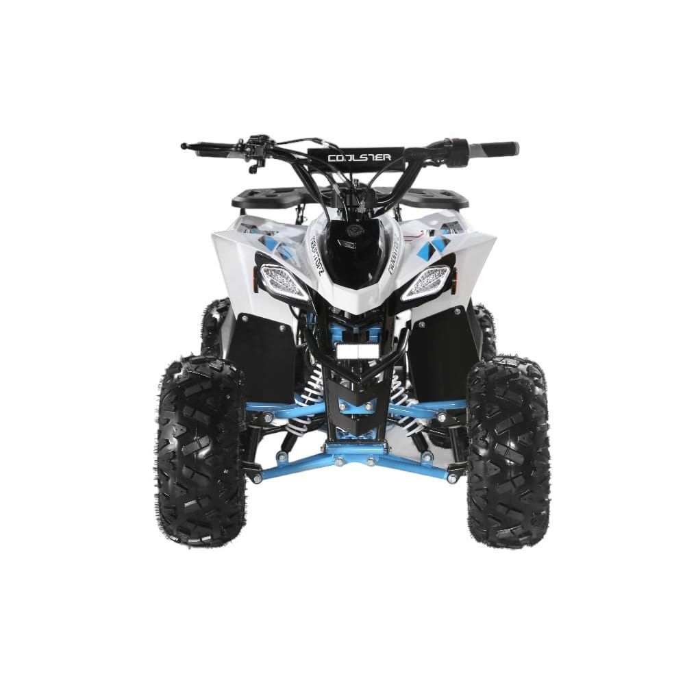 White and blue ATV with chunky tires, front view on a plain white background