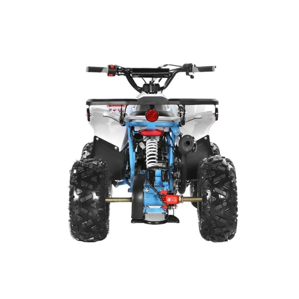 Front view of a blue and black ATV on a white background