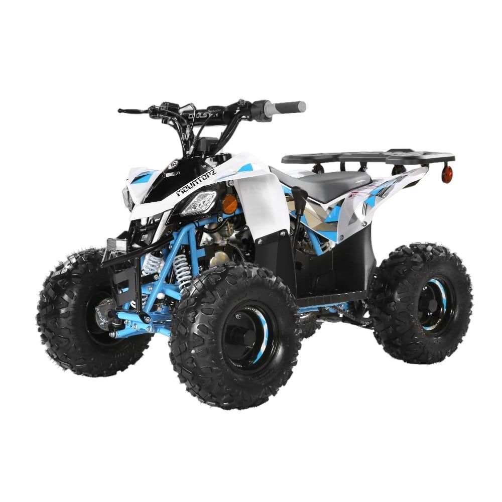 White and black electric quad bike with blue frame and chunky off-road tires on a white background
