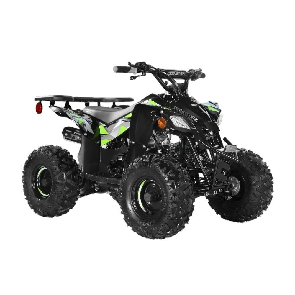 Black and green off-road ATV with chunky tires on a white background