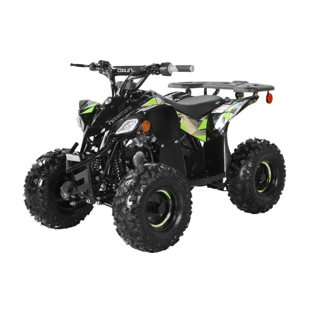 Black and green four-wheeler ATV with rugged tires on a white background