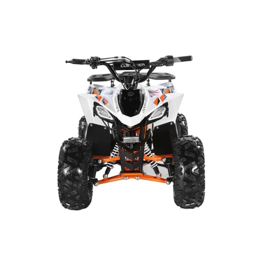 Front view of a white and orange ATV with black handlebars and chunky off-road tires on a white background