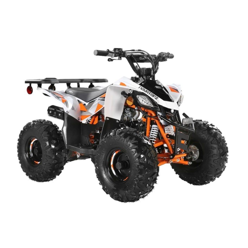 Orange and white all-terrain quad bike with knobby tires on a white background