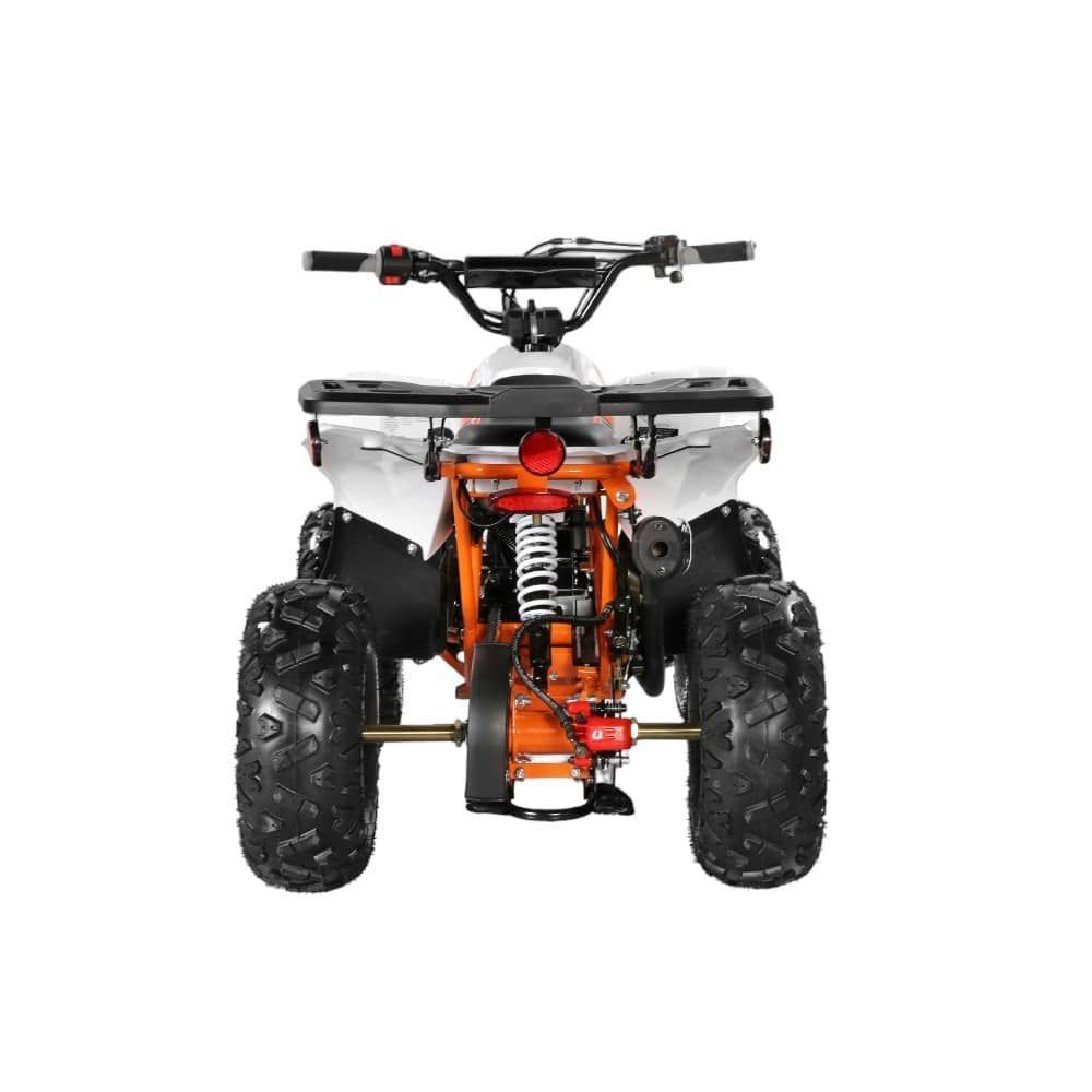 Front view of an orange and black ATV on a white background