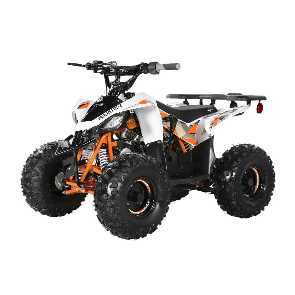 White and black off-road ATV with orange accents on a white background