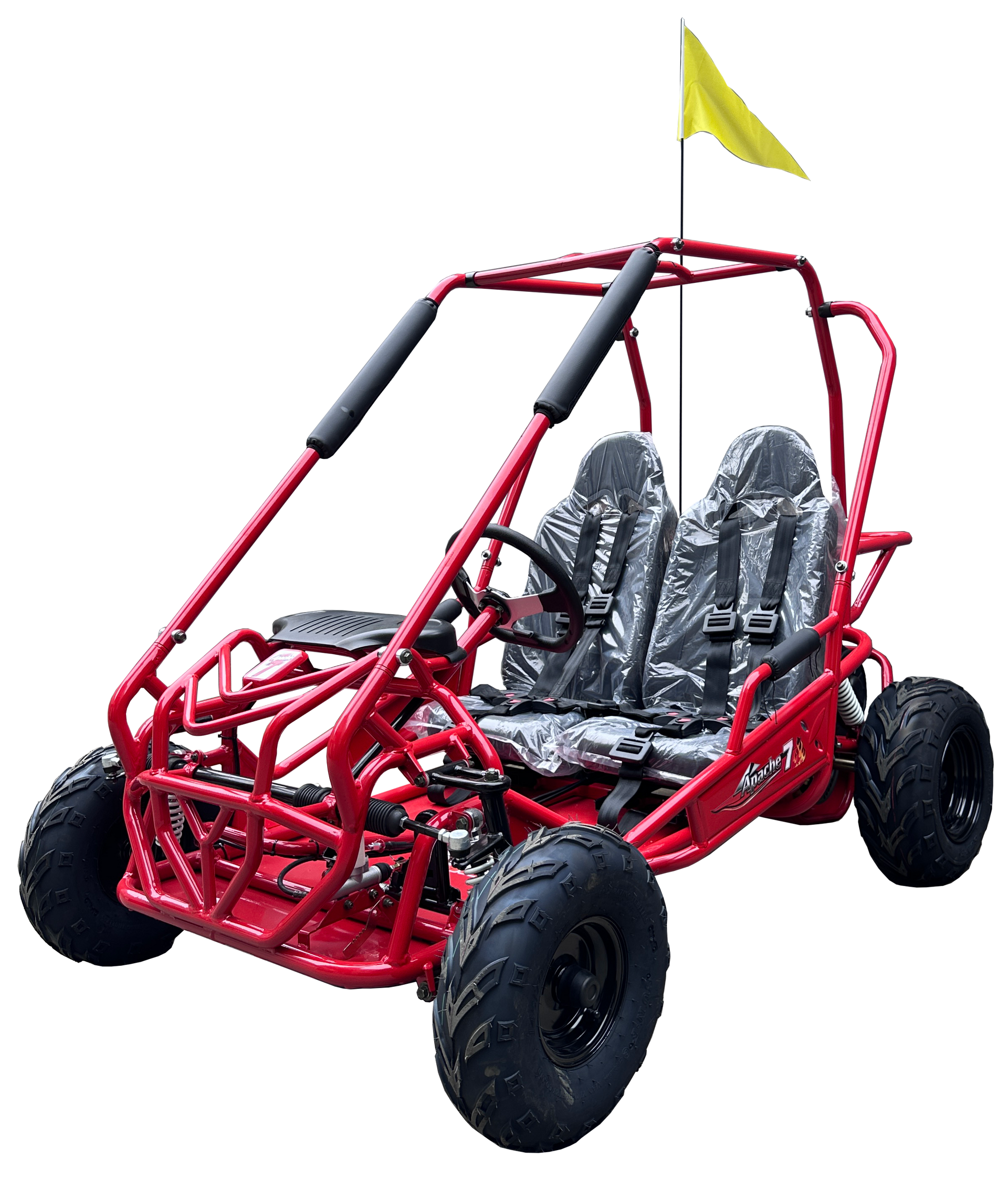 A red buggy with a black canopy is on a white background
